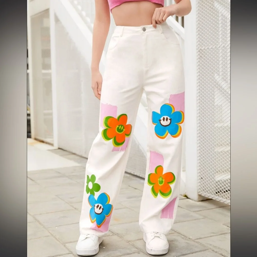 Wide Leg High Rise Painted Design Jeans - Picture 2 of 11